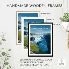 Gullfoss Falls Iceland Print | Icelandic Nature Wall Art in handmade wooden frames in natural, white, and black colors.