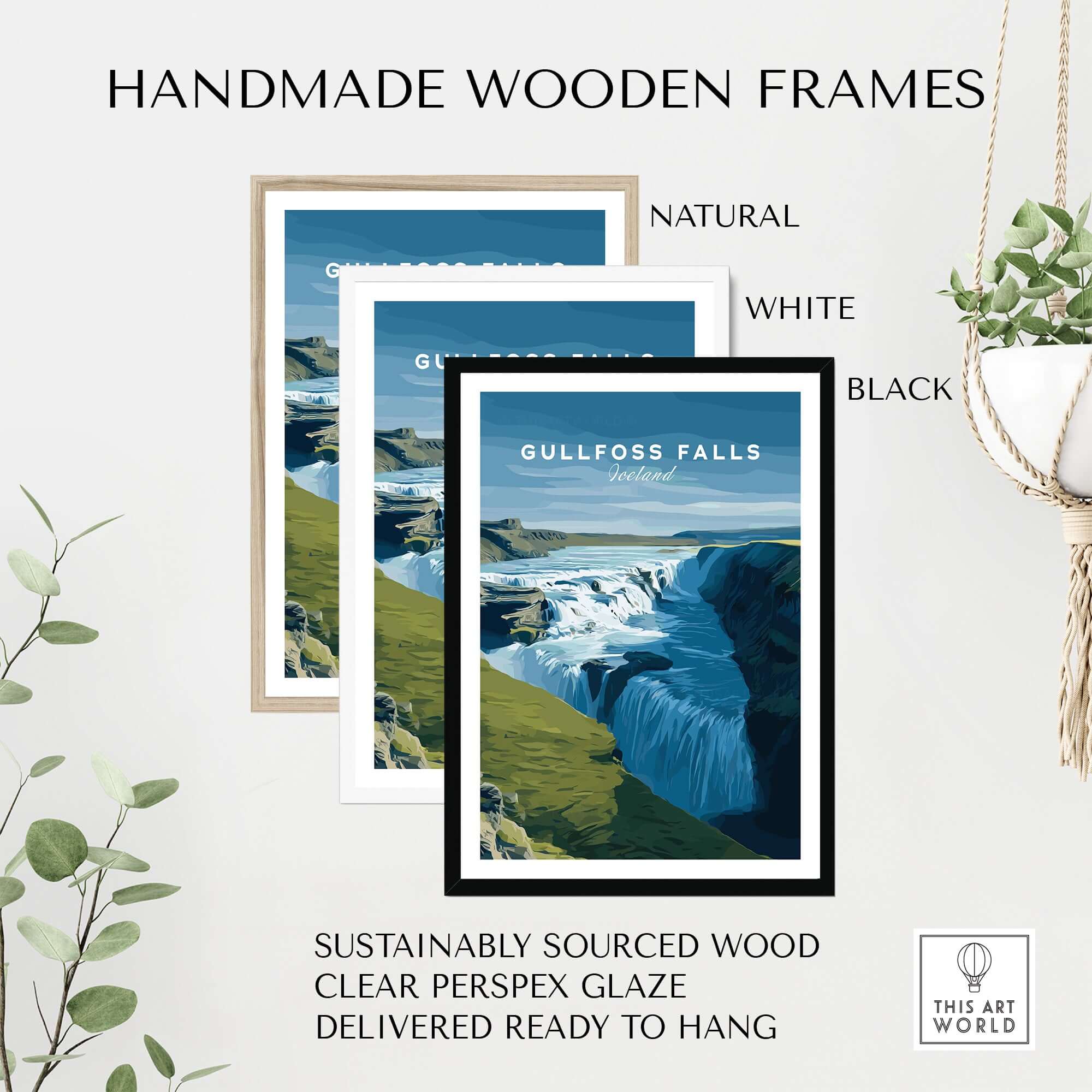 Gullfoss Falls Iceland Print | Icelandic Nature Wall Art in handmade wooden frames in natural, white, and black colors.