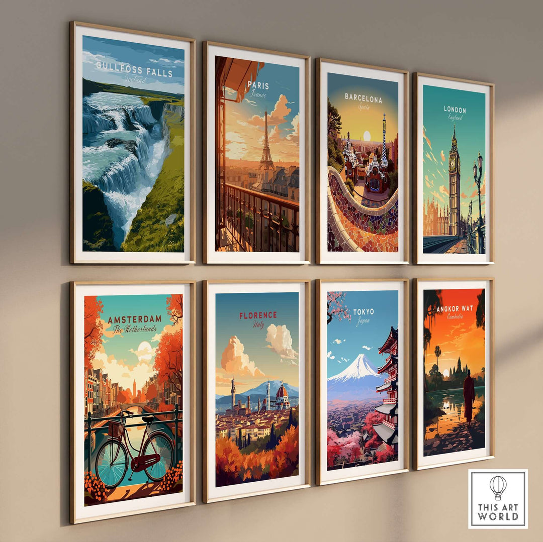 Gullfoss Falls Iceland Print | Icelandic Landscape Decor displayed among various city prints on a wall.
