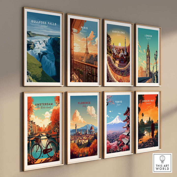 Gullfoss Falls Iceland Print | Icelandic Nature Wall Art displayed among cityscape posters in a stylish gallery wall.