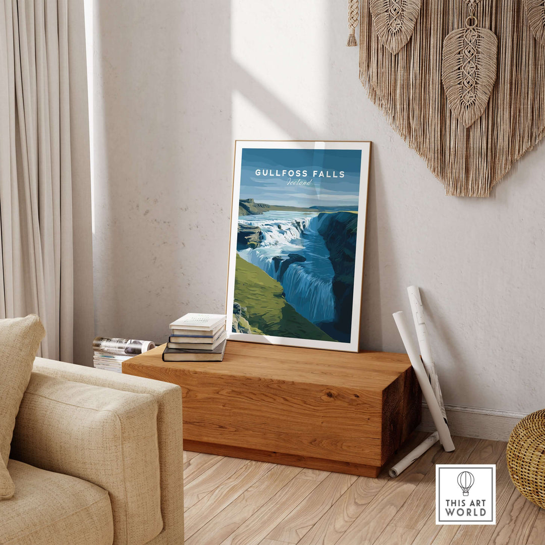 Gullfoss Falls Iceland Print | Icelandic Nature Wall Art displayed in a modern living room.