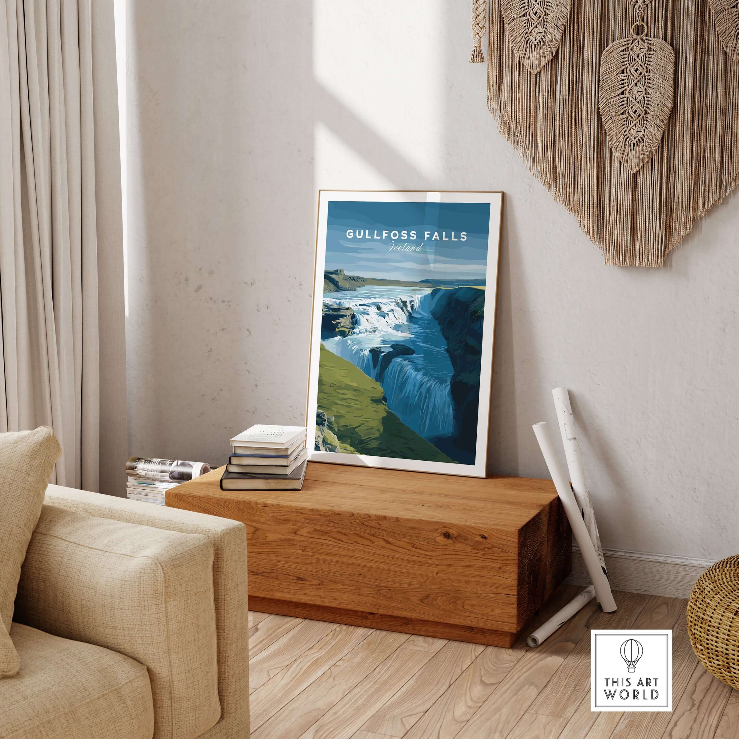 Gullfoss Falls Iceland Print | Icelandic Nature Wall Art displayed in a modern living room setting.
