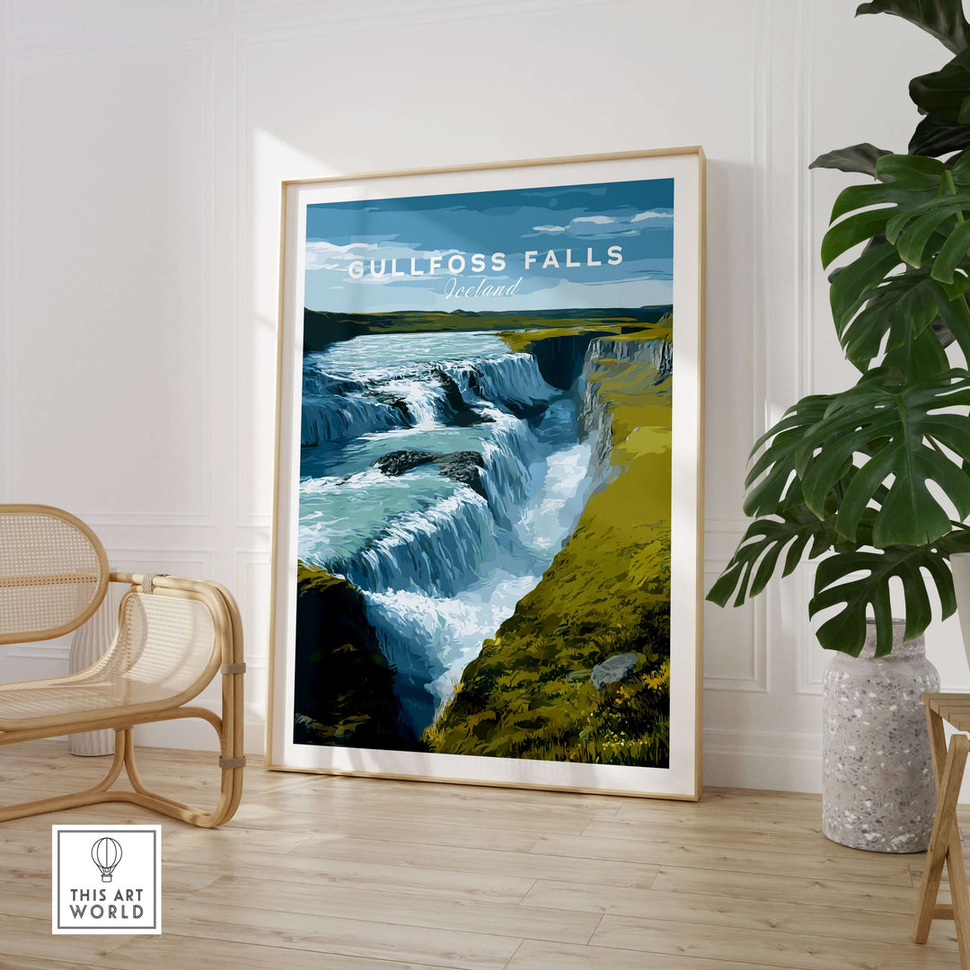 Gullfoss Falls Iceland Print | Icelandic Landscape Decor showcased in a modern interior setting.