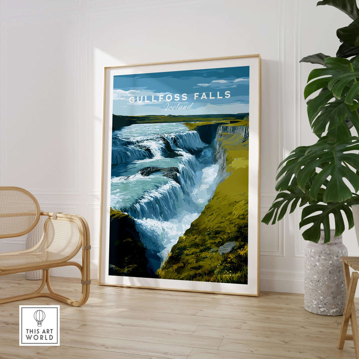 Gullfoss Falls Iceland Print | Icelandic Landscape Decor showcased in a modern interior setting.