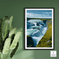 Gullfoss Falls Iceland Print | Icelandic Landscape Decor showcasing a stunning waterfall and rugged terrain.