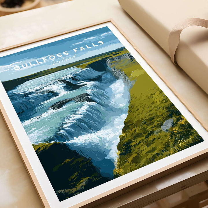Gullfoss Falls Iceland Print | Icelandic Landscape Decor featuring stunning waterfall and lush terrain backdrop.