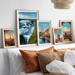 Gullfoss Falls Iceland Print | Icelandic Landscape Decor displayed in a modern living room setting.