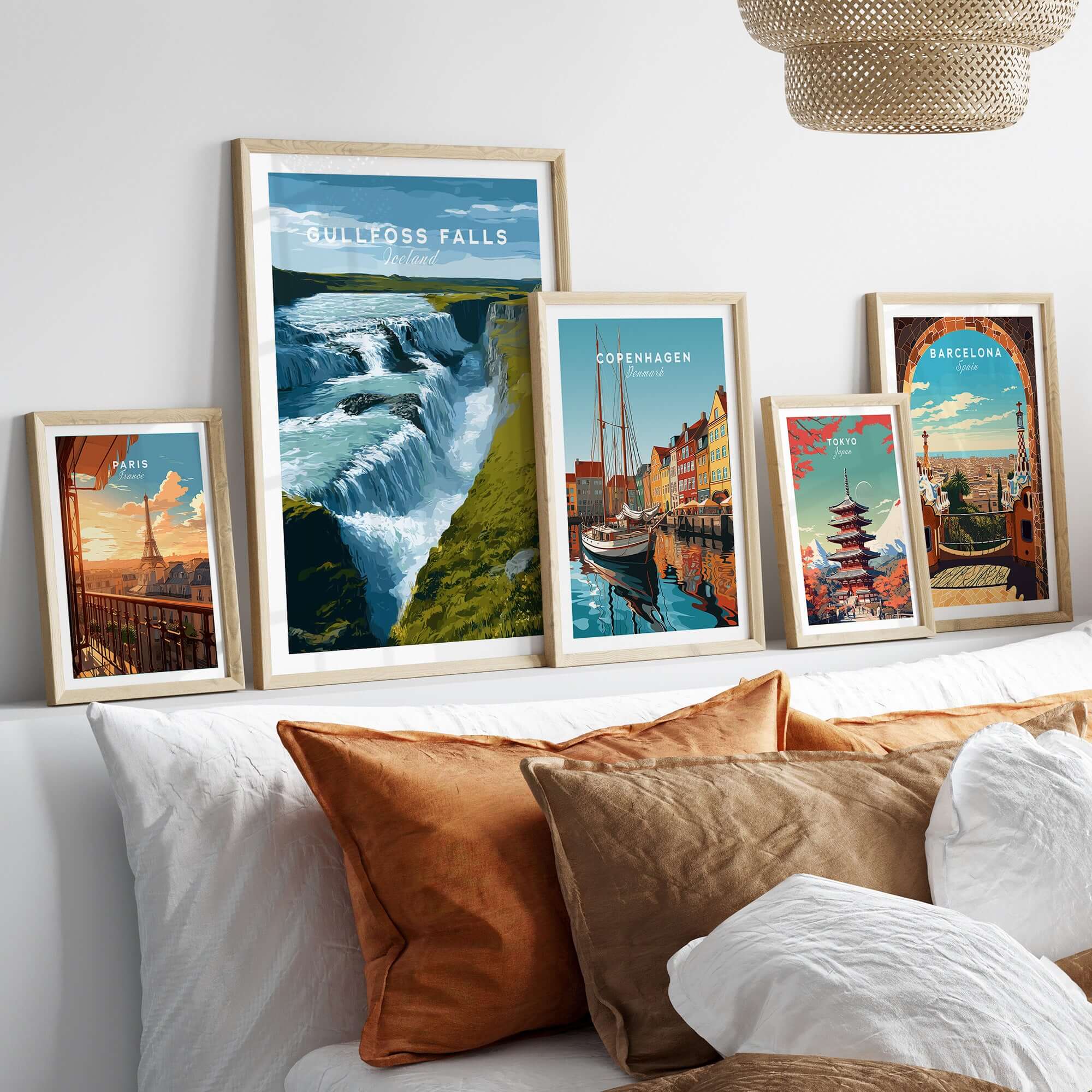 Gullfoss Falls Iceland Print | Icelandic Landscape Decor displayed in a modern living room setting.