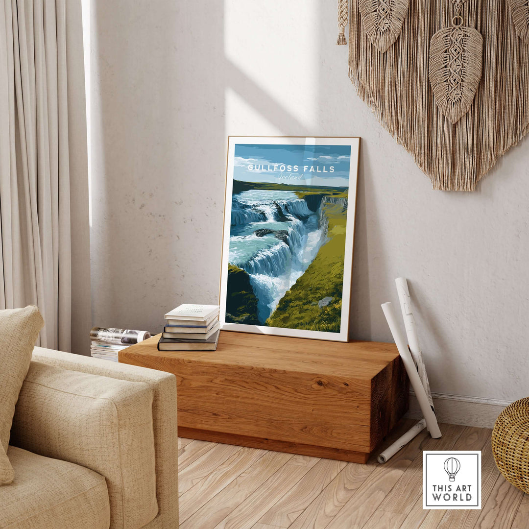 Gullfoss Falls Iceland Print | Icelandic Landscape Decor displayed in a cozy living room setting.