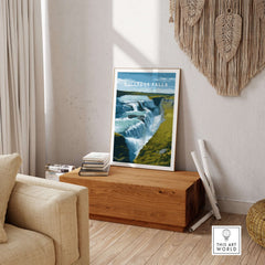 Gullfoss Falls Iceland Print | Icelandic Landscape Decor displayed in a cozy living room setting.