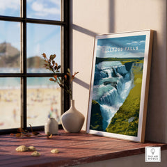 Gullfoss Falls Iceland Print | Icelandic Landscape Decor showcasing a stunning waterfall artwork in a home setting.