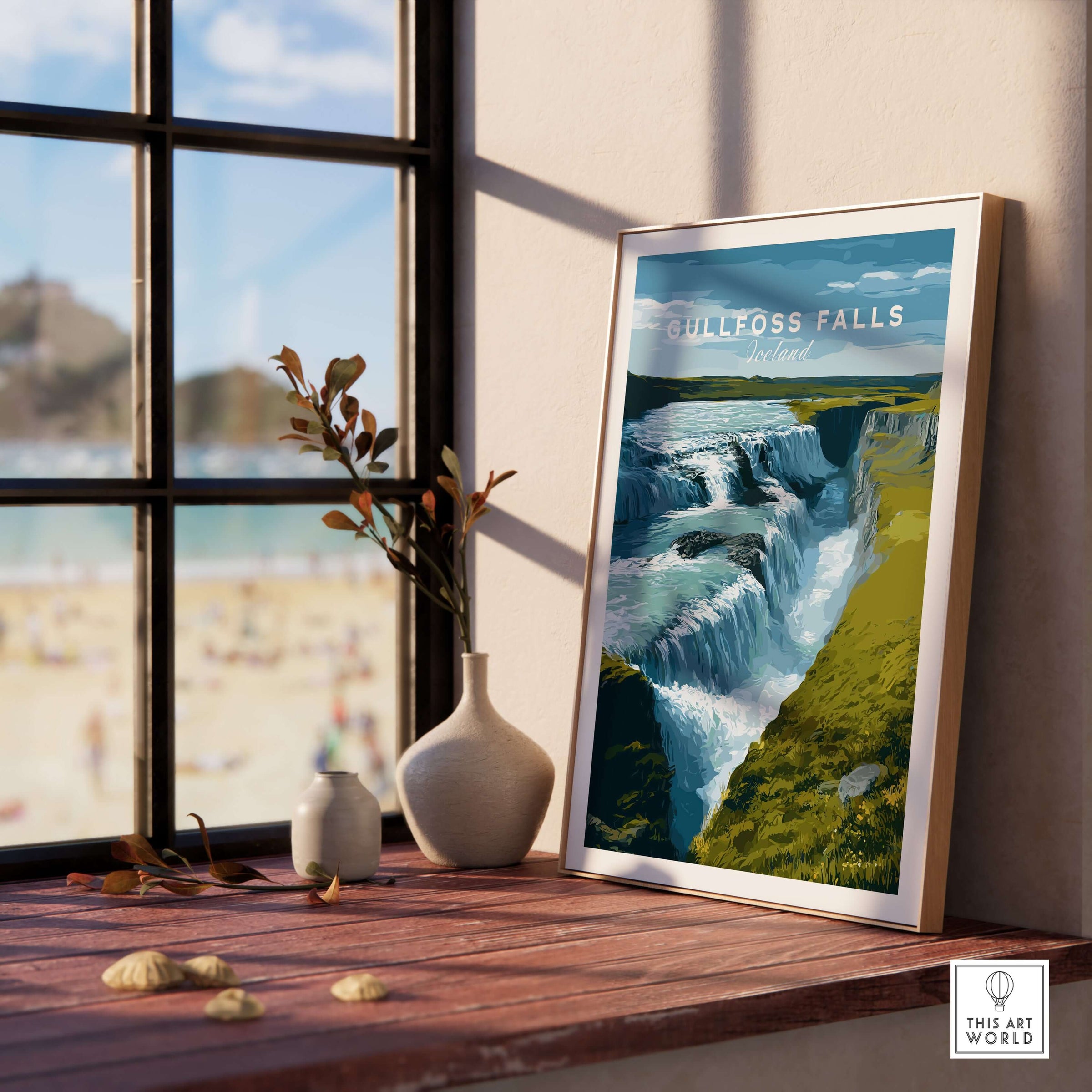 Gullfoss Falls Iceland Print | Icelandic Landscape Decor showcasing a stunning waterfall artwork in a home setting.