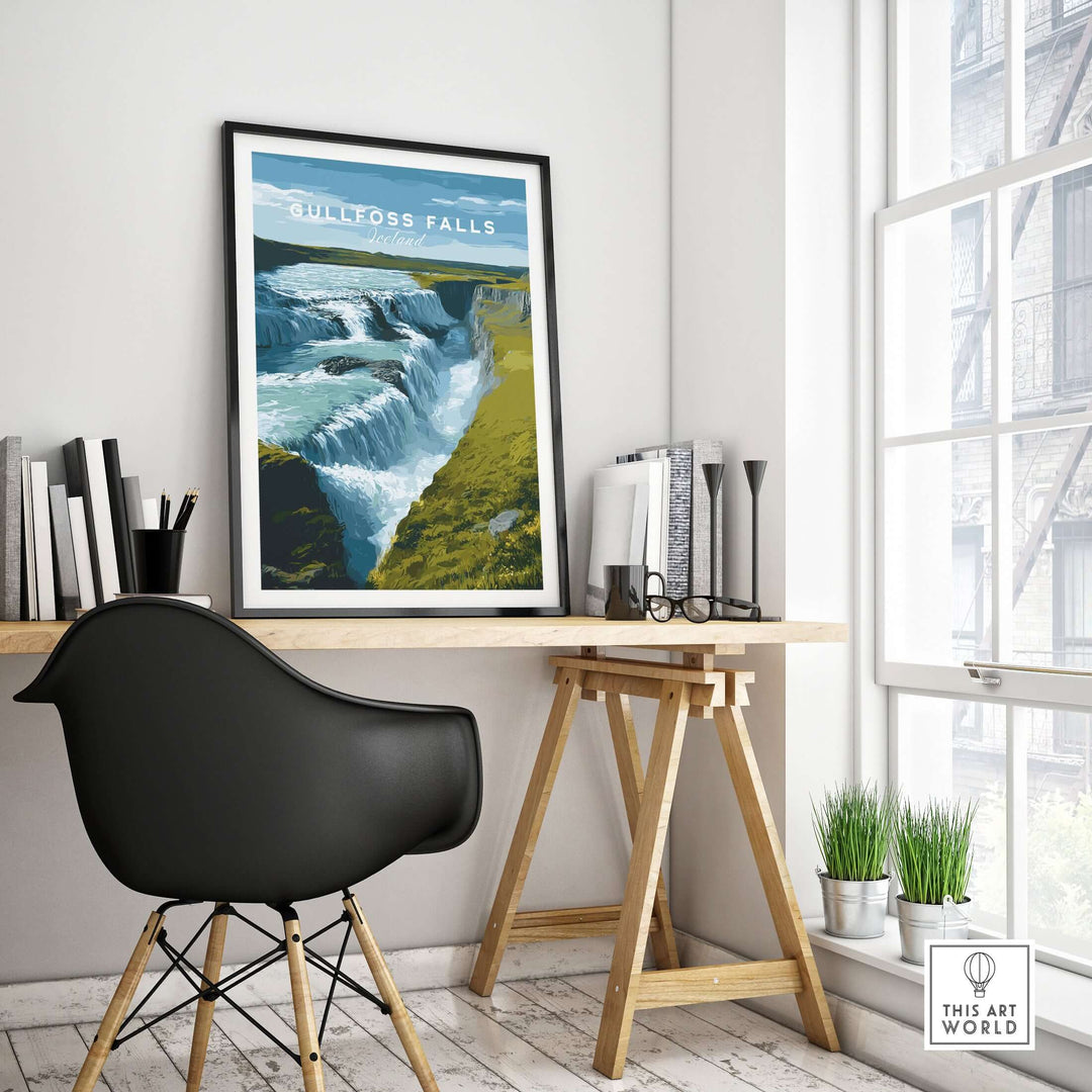 Gullfoss Falls Iceland Print | Icelandic Landscape Decor in a modern workspace with a stylish chair and natural light.