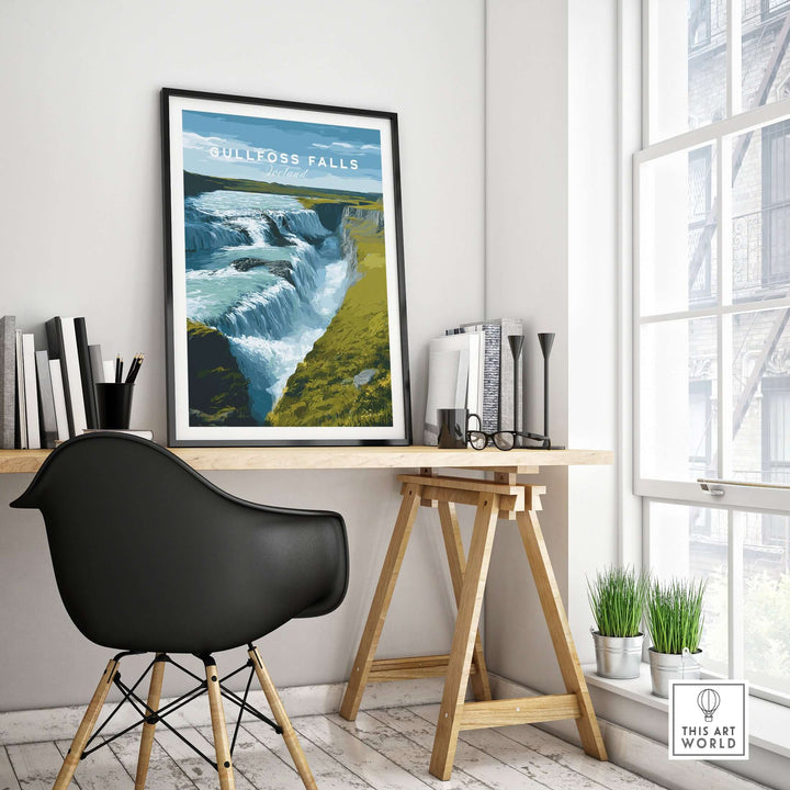 Gullfoss Falls Iceland Print | Icelandic Landscape Decor in a modern workspace with a stylish chair and natural light.