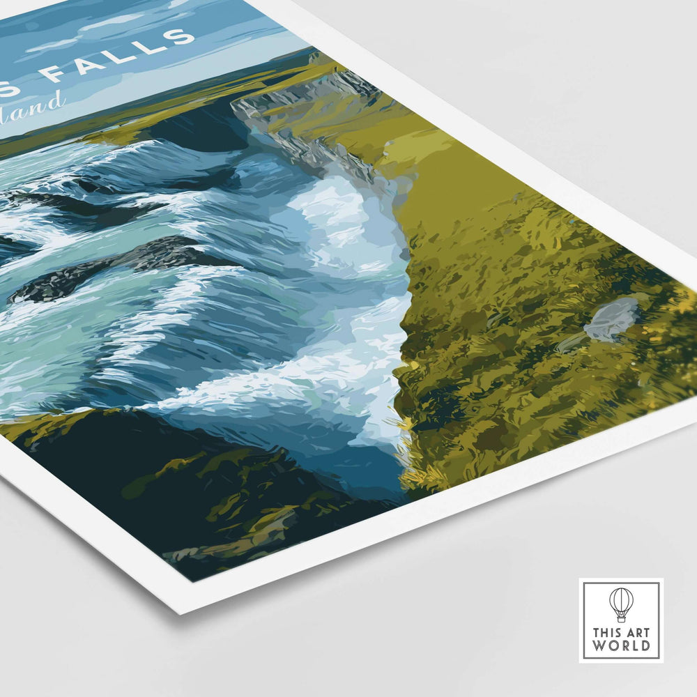 Gullfoss Falls Iceland Print | Icelandic Landscape Decor showcasing the stunning waterfall and rugged terrain.