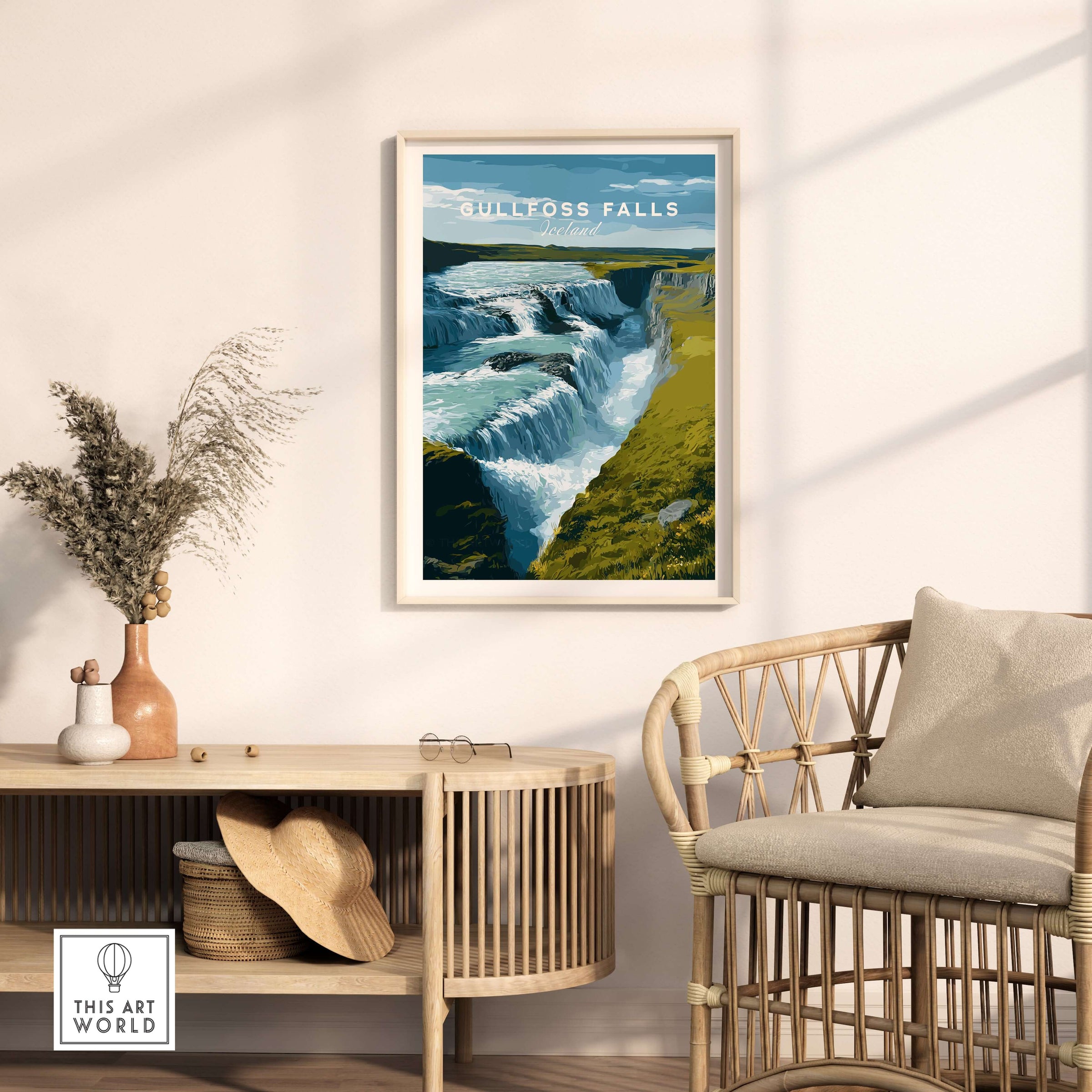 Gullfoss Falls Iceland Print | Icelandic Landscape Decor framed in a modern living room setting.
