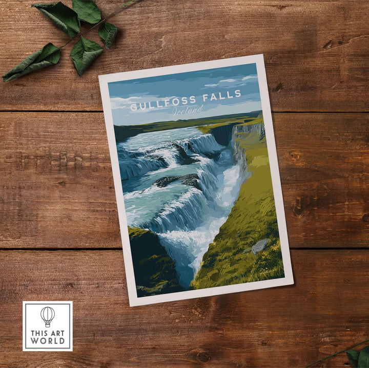 Gullfoss Falls Iceland Print | Icelandic Landscape Decor featuring cascading waters and rugged terrain.