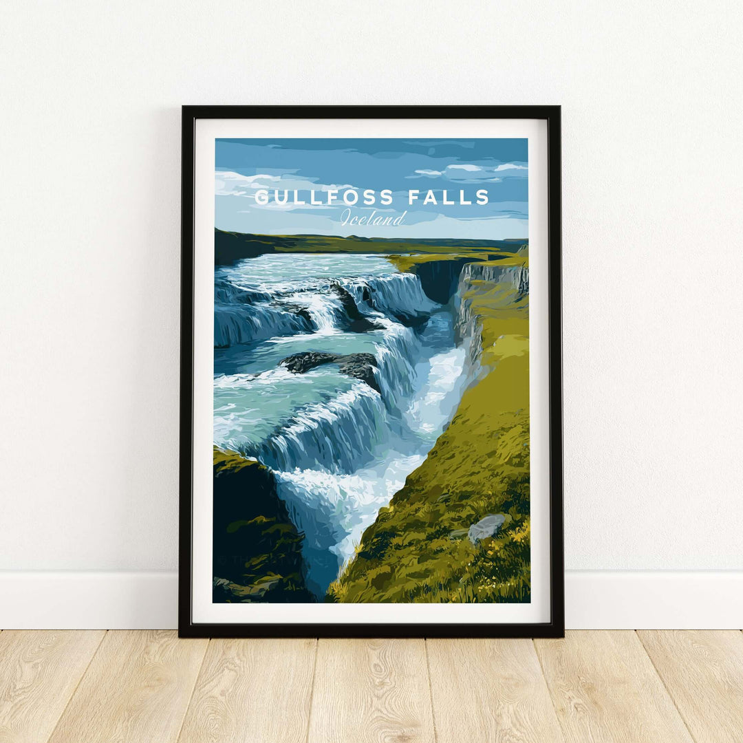 Gullfoss Falls Iceland Print | Icelandic Landscape Decor showcasing the stunning cascading waterfall in Iceland.