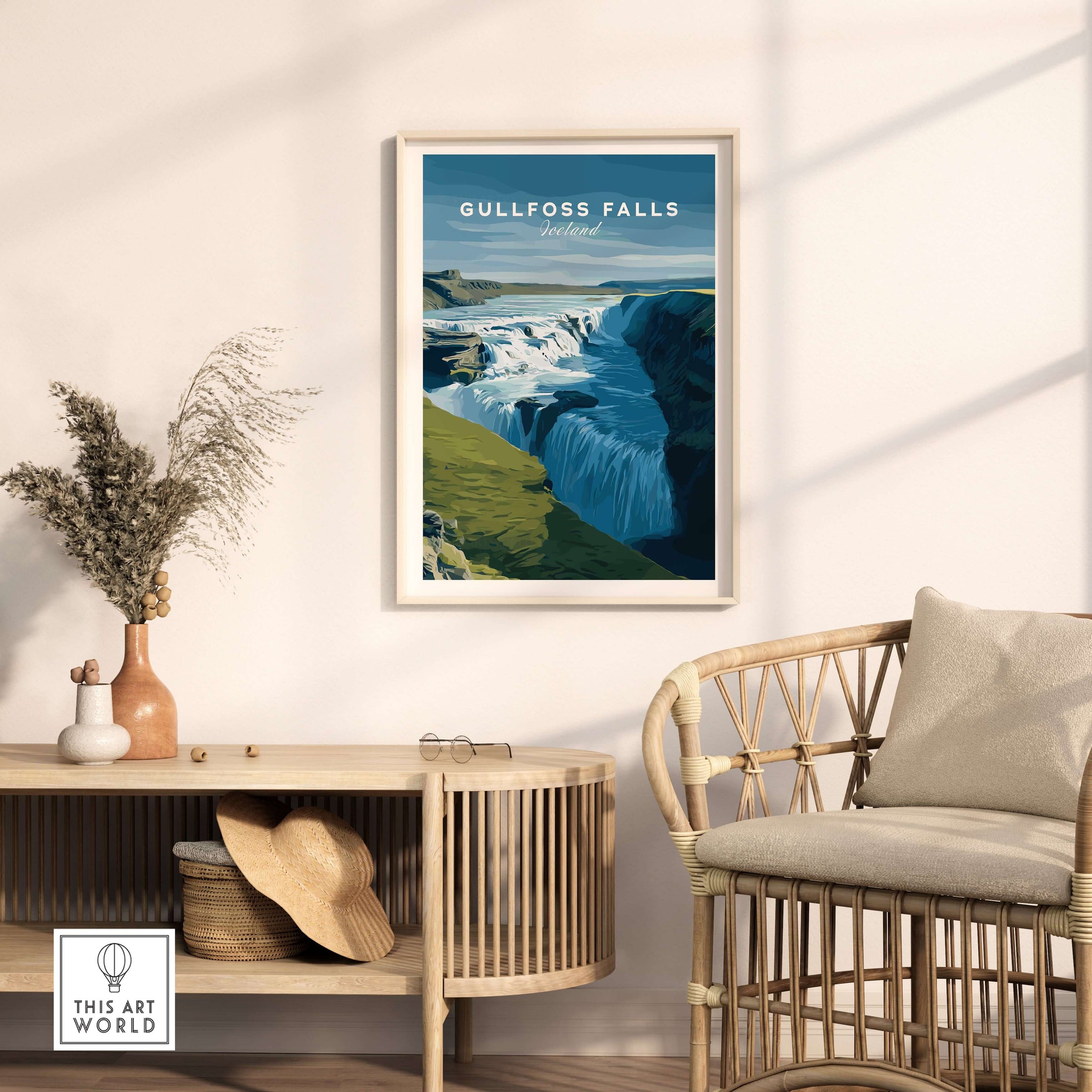 Gullfoss Falls Iceland Print | Icelandic Nature Wall Art displayed in a minimalist living space with natural decor.