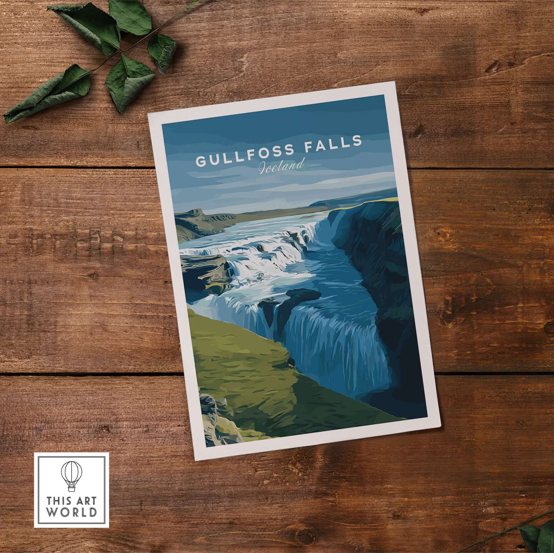 Gullfoss Falls Iceland Print | Icelandic Nature Wall Art displayed on wooden surface with foliage.