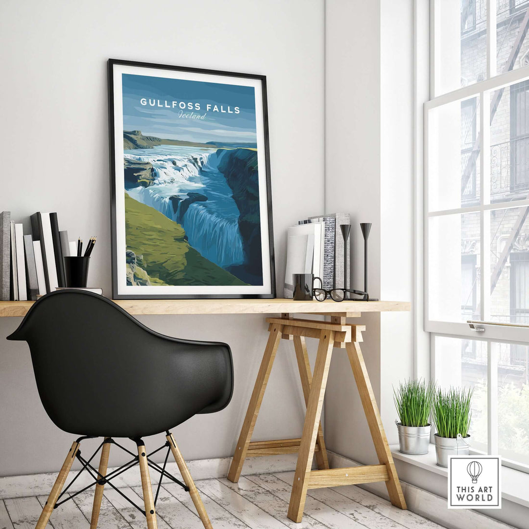 Gullfoss Falls Iceland Print | Icelandic Nature Wall Art displayed in a modern interior with a chair and plants.