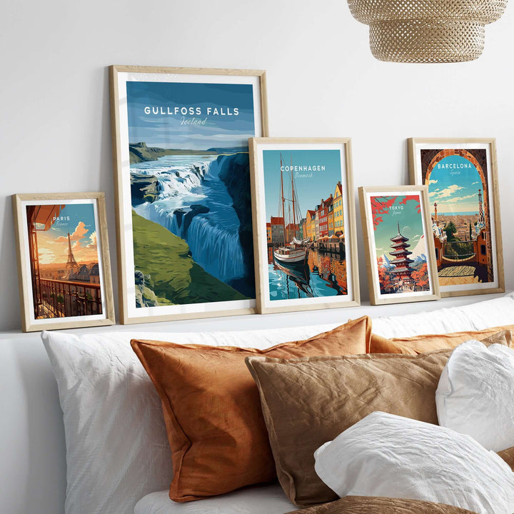 Gullfoss Falls Iceland Print | Icelandic Nature Wall Art displayed in stylish frames above a cozy sofa.