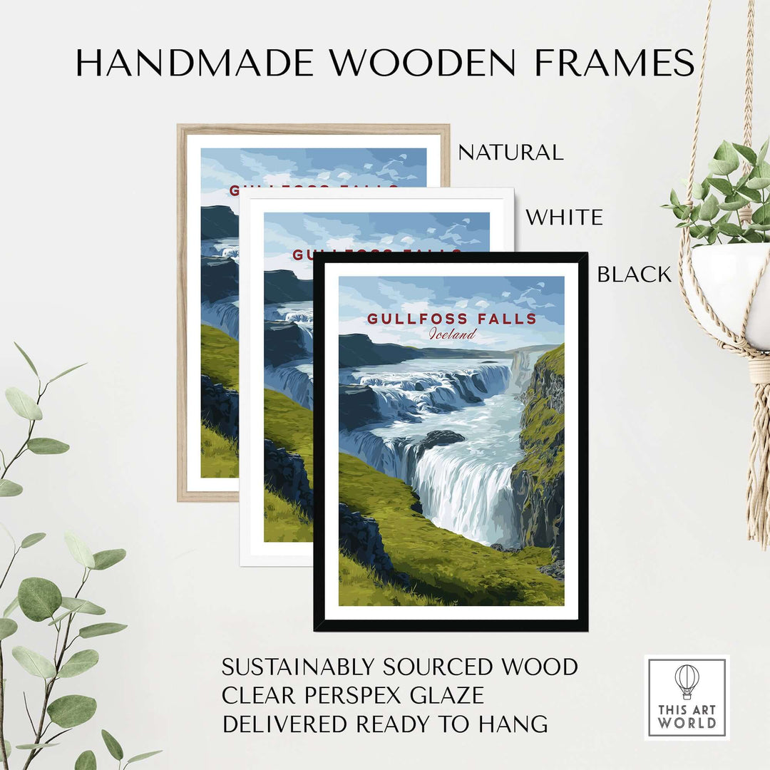 Gullfoss Falls Poster Iceland | Nordic Nature Wall Decor in handmade wooden frames available in natural, white, and black.
