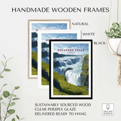 Gullfoss Falls Poster Iceland | Nordic Nature Wall Decor in handmade wooden frames, featuring natural, white, and black colors.