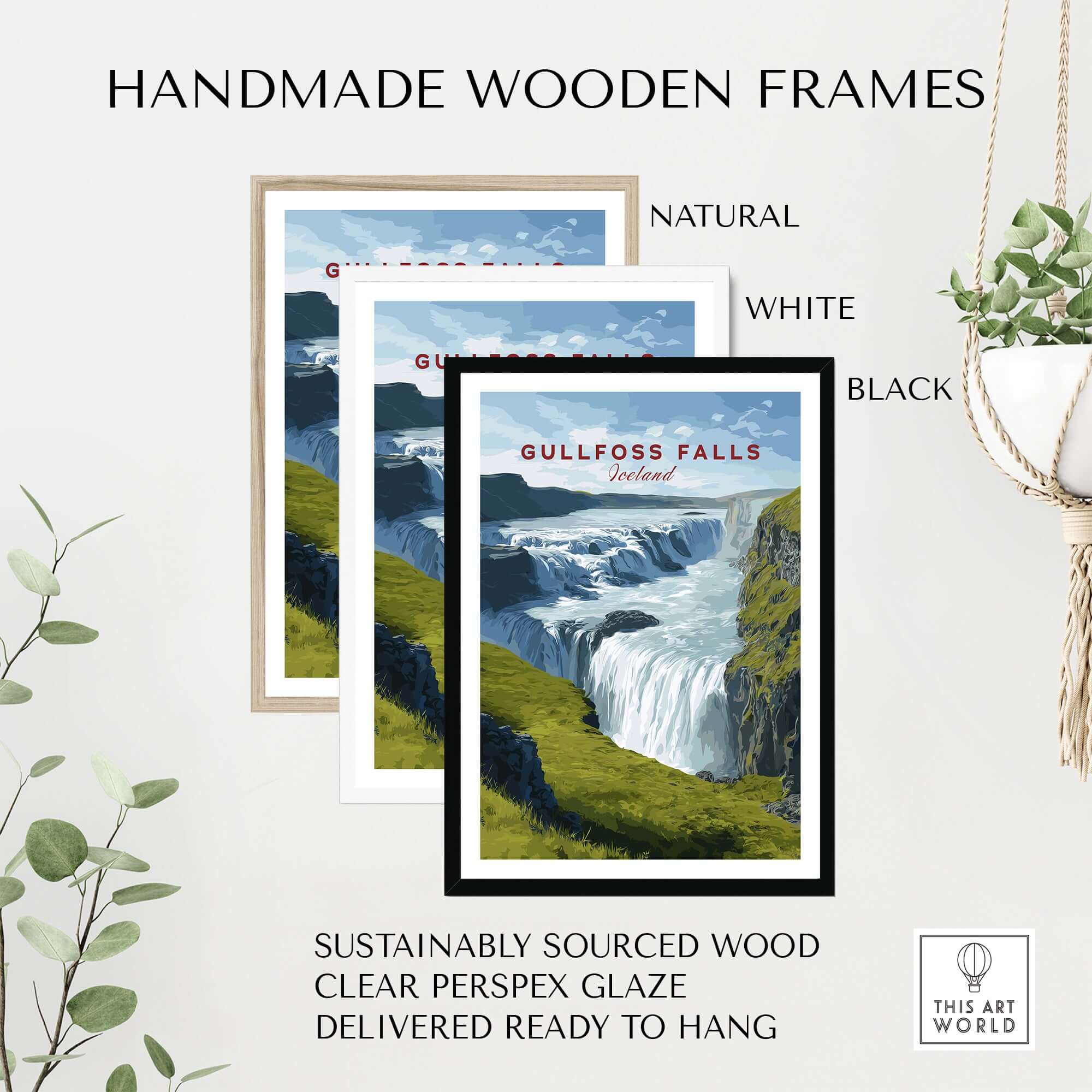 Gullfoss Falls Poster Iceland | Nordic Nature Wall Decor in handmade wooden frames, featuring natural, white, and black colors.