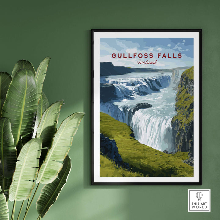 Gullfoss Falls Poster Iceland | Nordic Nature Wall Decor showcasing a stunning waterfall amidst dramatic landscapes.