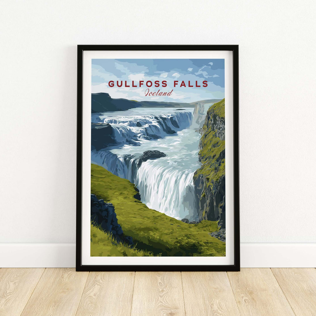 Gullfoss Falls Poster Iceland | Nordic Nature Wall Decor featuring a stunning waterfall view.