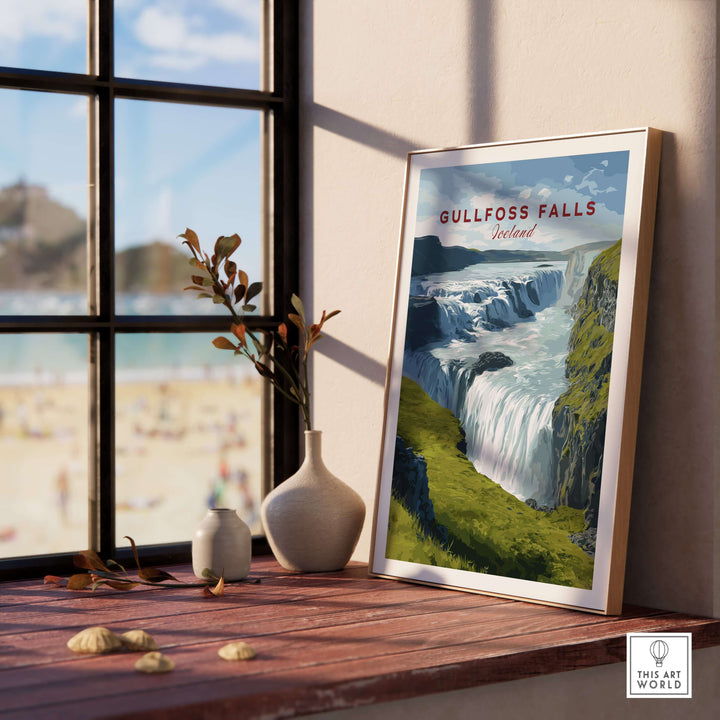 Gullfoss Falls Poster Iceland | Nordic Nature Wall Decor displayed in a bright room by a window, showcasing Iceland's stunning waterfall.