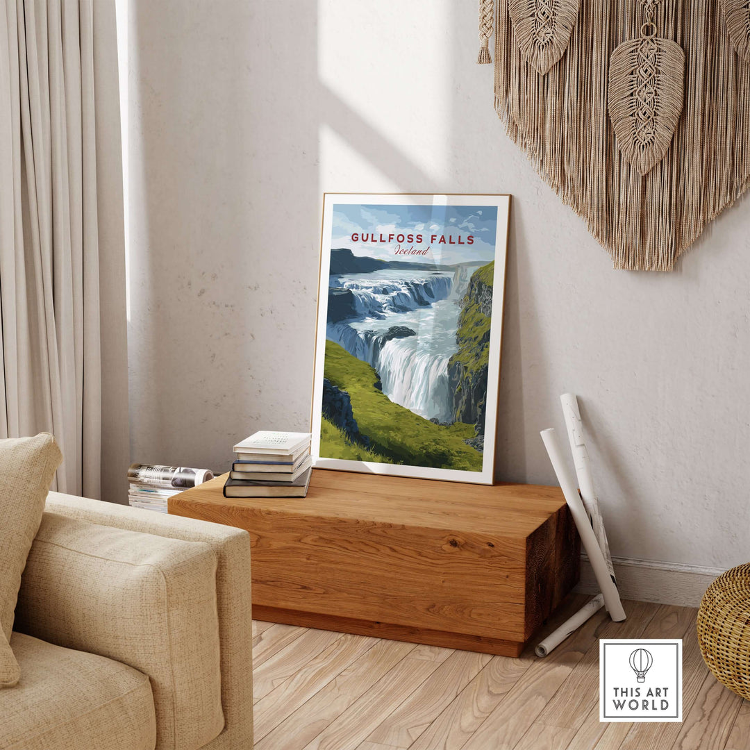 Gullfoss Falls Poster Iceland | Nordic Nature Wall Decor displayed in a modern living room with wooden decor.