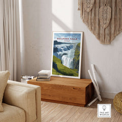 Gullfoss Falls Poster Iceland | Nordic Nature Wall Decor displayed in a cozy living room setting.