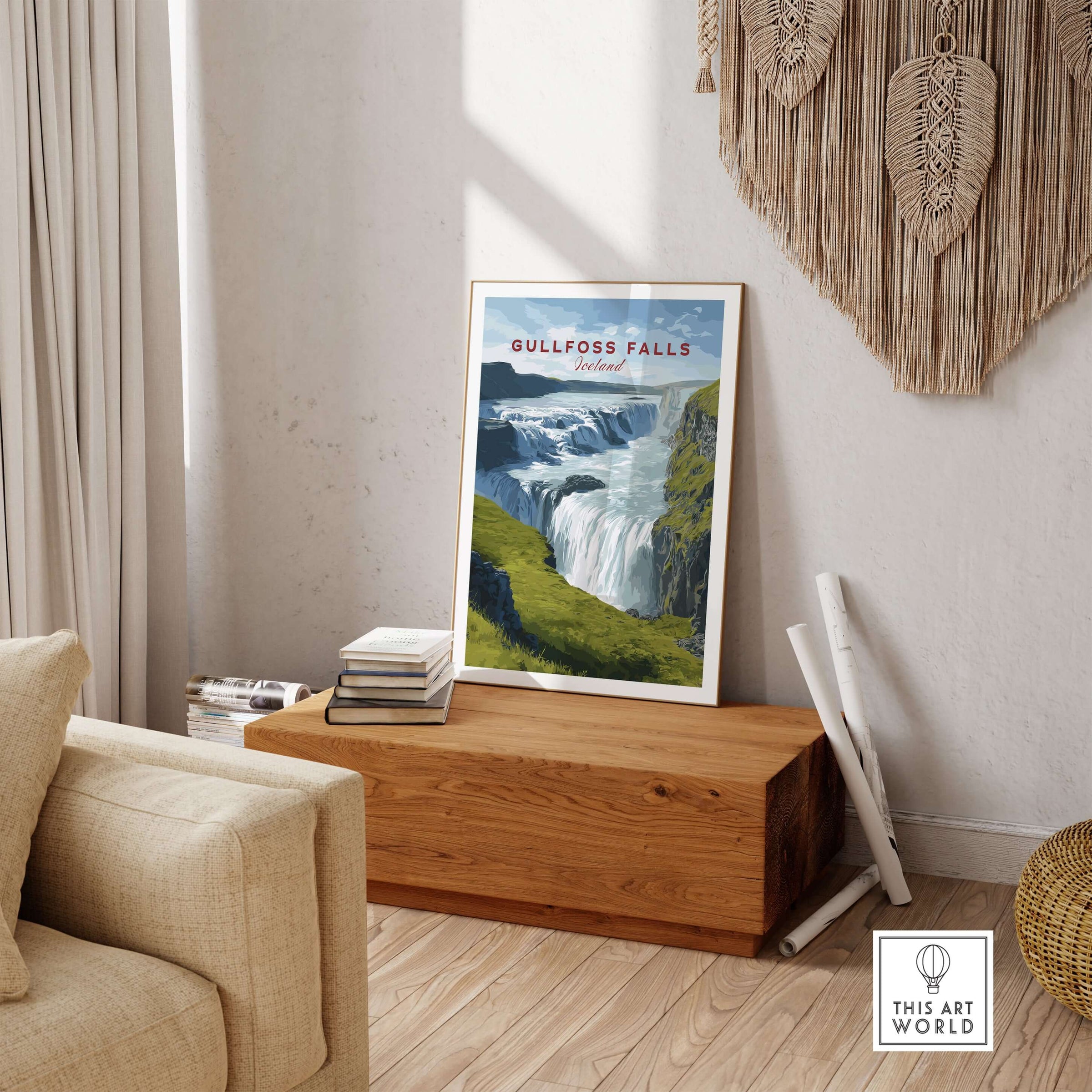 Gullfoss Falls Poster Iceland | Nordic Nature Wall Decor displayed in a cozy living room setting.