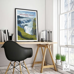 Gullfoss Falls Poster Iceland | Nordic Nature Wall Decor displayed in a modern office setting with a black chair.