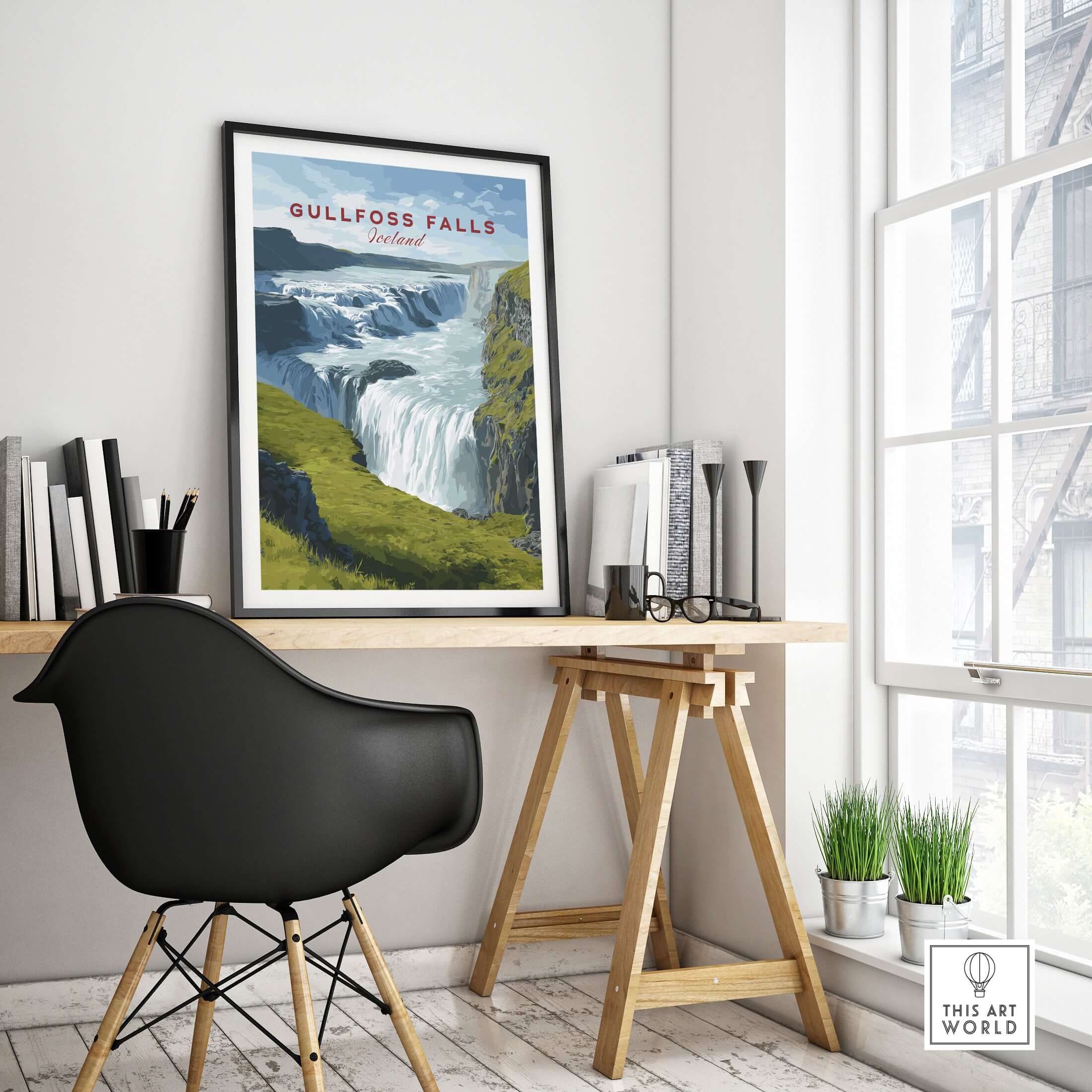 Gullfoss Falls Poster Iceland | Nordic Nature Wall Decor displayed in a modern office setting with a black chair.