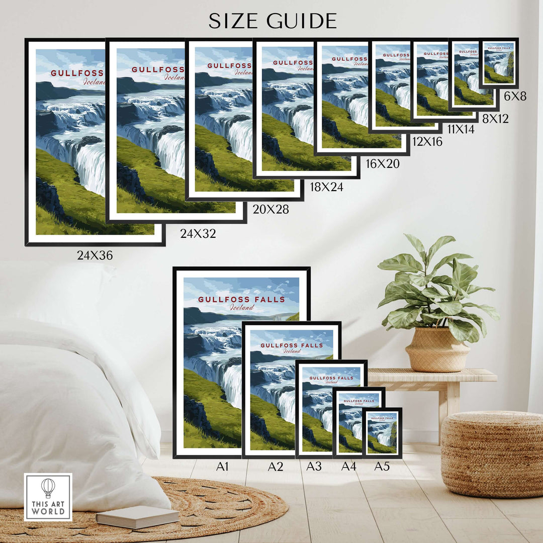 Gullfoss Falls Poster Iceland | Nordic Nature Wall Decor size guide with various frame dimensions displayed in a cozy setting.