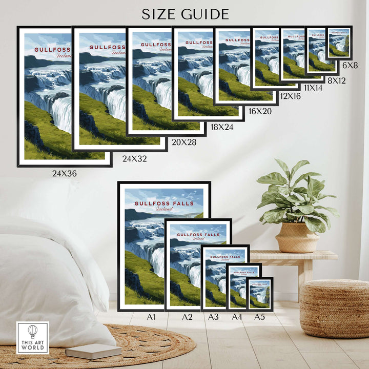 Gullfoss Falls Poster Iceland | Nordic Nature Wall Decor size guide with various frame dimensions displayed in a cozy setting.