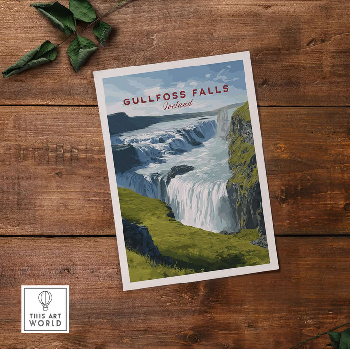 Gullfoss Falls Poster Iceland | Nordic Nature Wall Decor showcasing a breathtaking waterfall in a serene landscape.