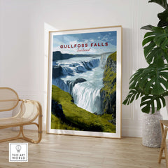 Gullfoss Falls Poster Iceland | Nordic Nature Wall Decor displayed in a stylish interior with greenery.