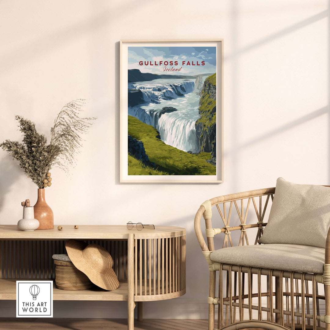 Gullfoss Falls Poster Iceland | Nordic Nature Wall Decor displayed in a stylish living room setting with a modern chair.
