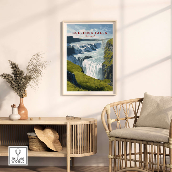 Gullfoss Falls Poster Iceland | Nordic Nature Wall Decor displayed in a stylish living room setting with a modern chair.