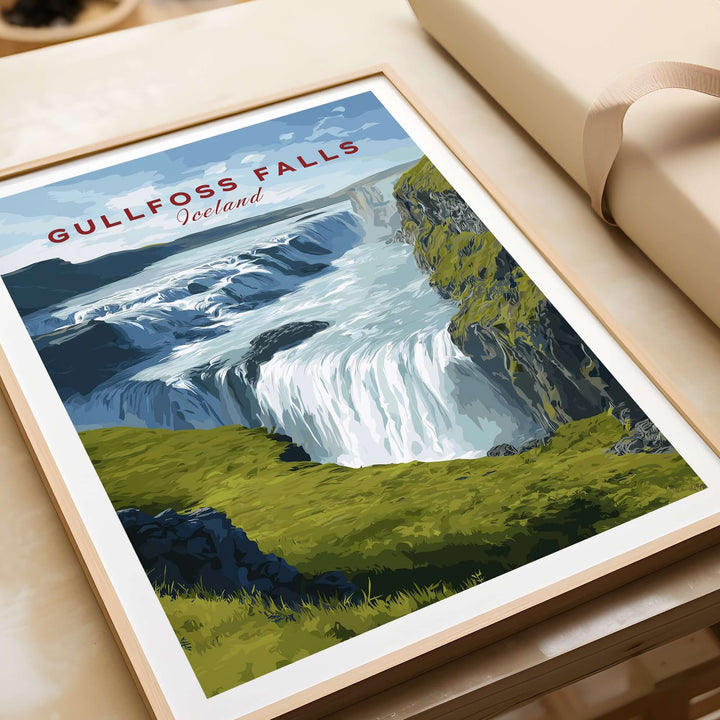 Gullfoss Falls Poster Iceland | Nordic Nature Wall Decor showcasing Iceland's majestic waterfall landscape.