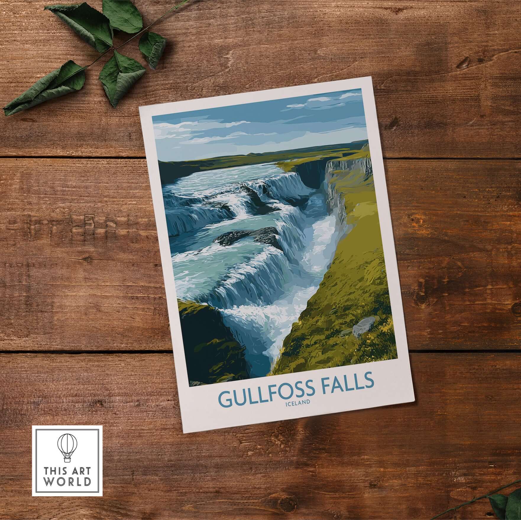 Gullfoss Falls Poster Iceland Print | Waterfall Poster featuring Iceland's stunning Gullfoss Falls illustration.