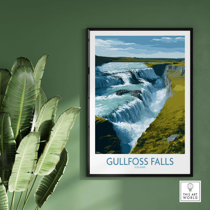Gullfoss Falls Poster Iceland Print | Waterfall Poster showcasing the stunning waterfall surrounded by green terrain.