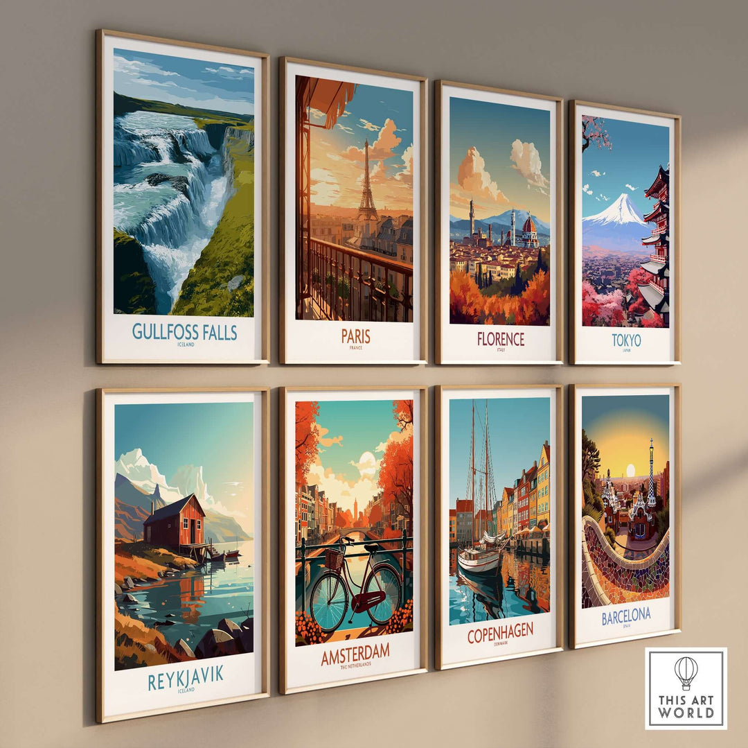 Gullfoss Falls Poster Iceland Print | Waterfall Poster collection on a wall showcasing stunning landscapes.