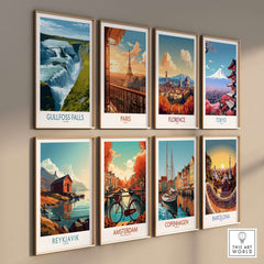 Gullfoss Falls Poster Iceland Print | Waterfall Poster displayed among various scenic travel prints on a wall.