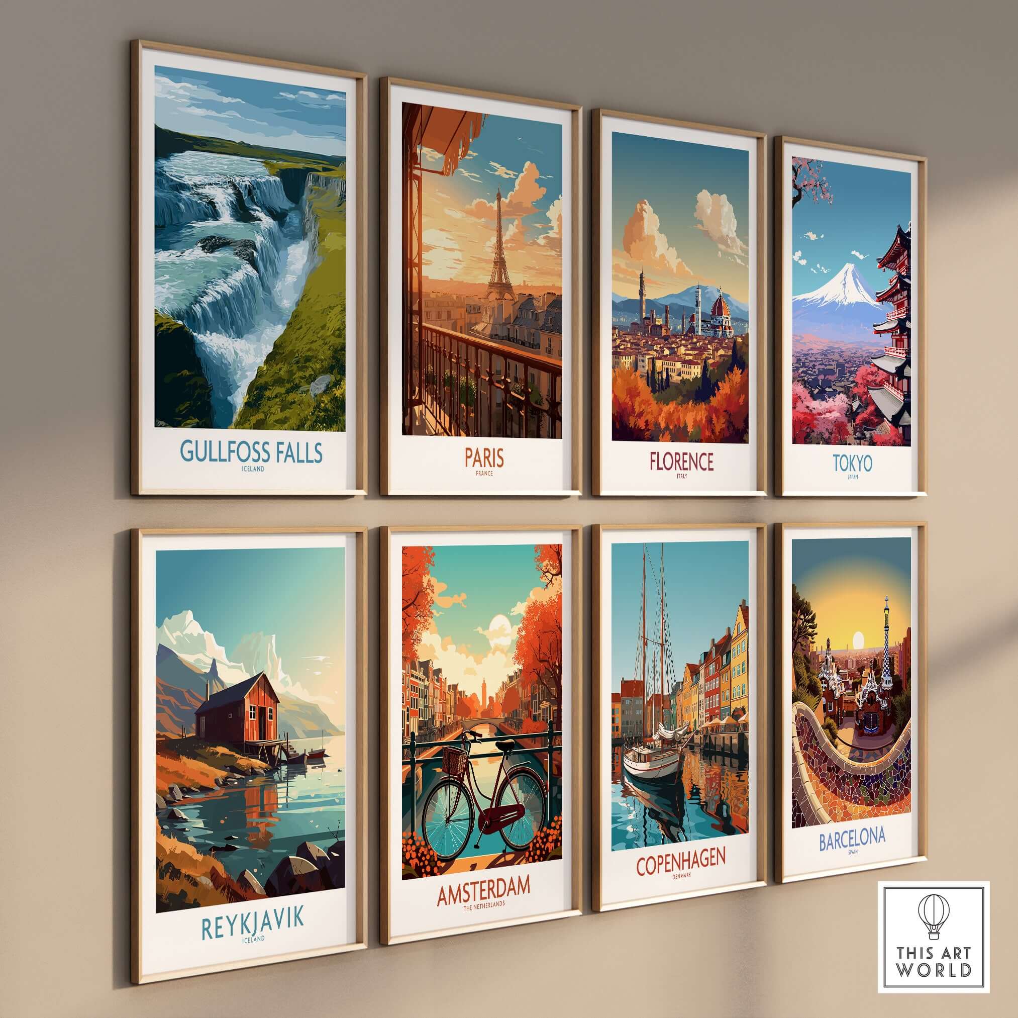Gullfoss Falls Poster Iceland Print | Waterfall Poster displayed among various scenic travel prints on a wall.