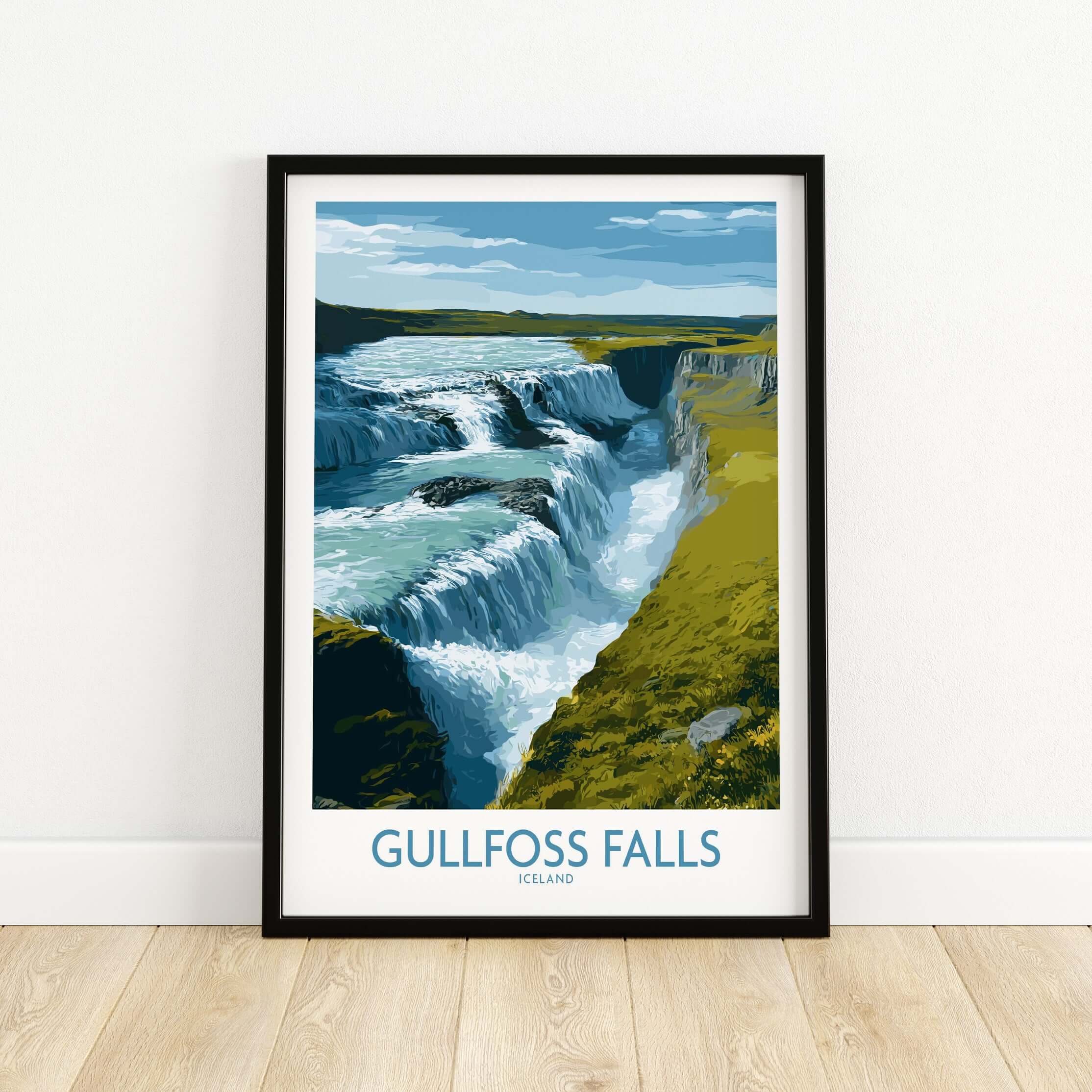 Gullfoss Falls Poster Iceland Print | Waterfall Poster showcasing a stunning waterfall in Iceland's landscape.